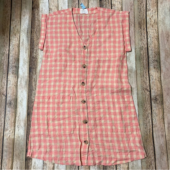 Lou & Grey Linen Gingham Shirtdress Women XSP V-neck Pockets pink & tan check - Picture 1 of 10